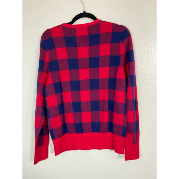 Lands End Supima Cotton Red Blue Buffalo Plaid Button Cardigan Sweater Medium - Picture 2 of 14